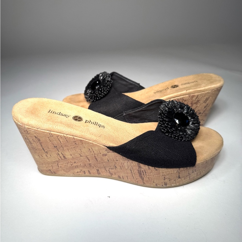 lindsay phillips Black and Tan Cork Wedge Sandals